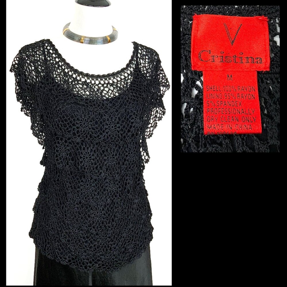 New V Cristina Black Crochet Layered Top Romantic Boho Sz M